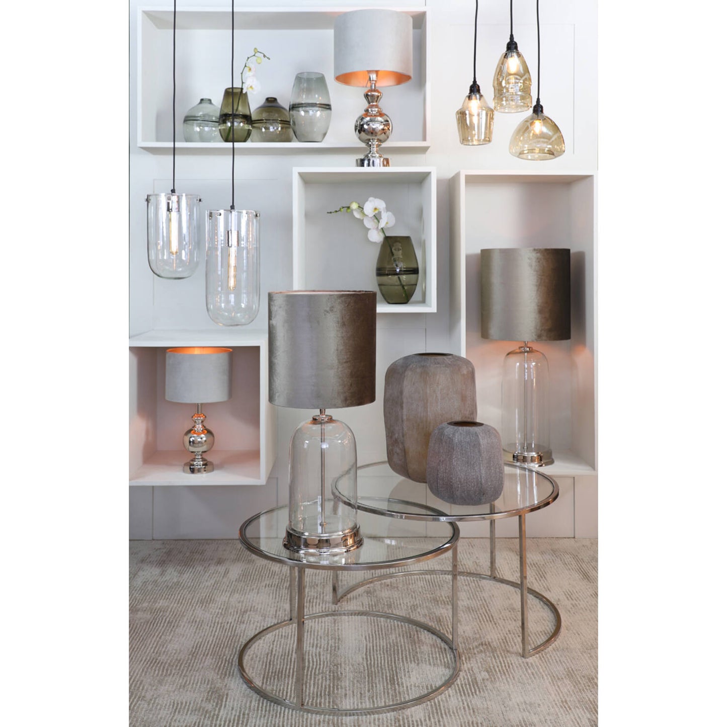 DUARTE Couchtisch-Set 2er Nickelrahmen mit Glasplatten Ø65/Ø75 cm